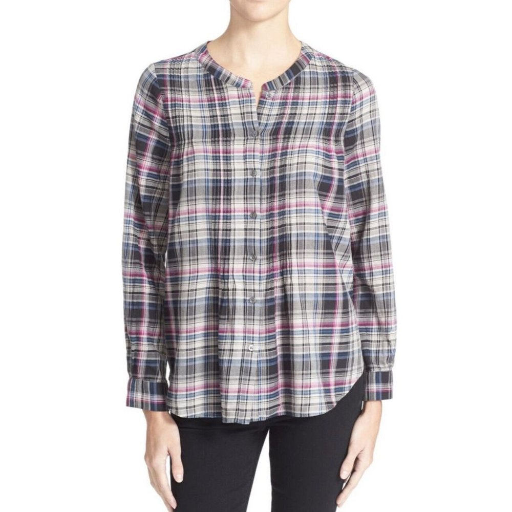 Women's Joie L/S "Naos" Plaid Cotton Gathered Top Sz Small